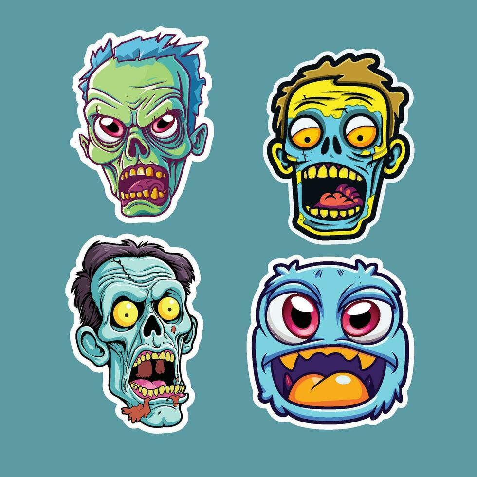 Set of Four Zombie Stickers and Purple Monsters vector