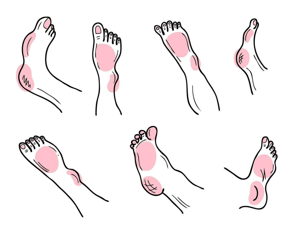 mano dibujado pies y piernas cuerpo partes recopilación. salud cuidado, cosmético y terapia concepto. vector