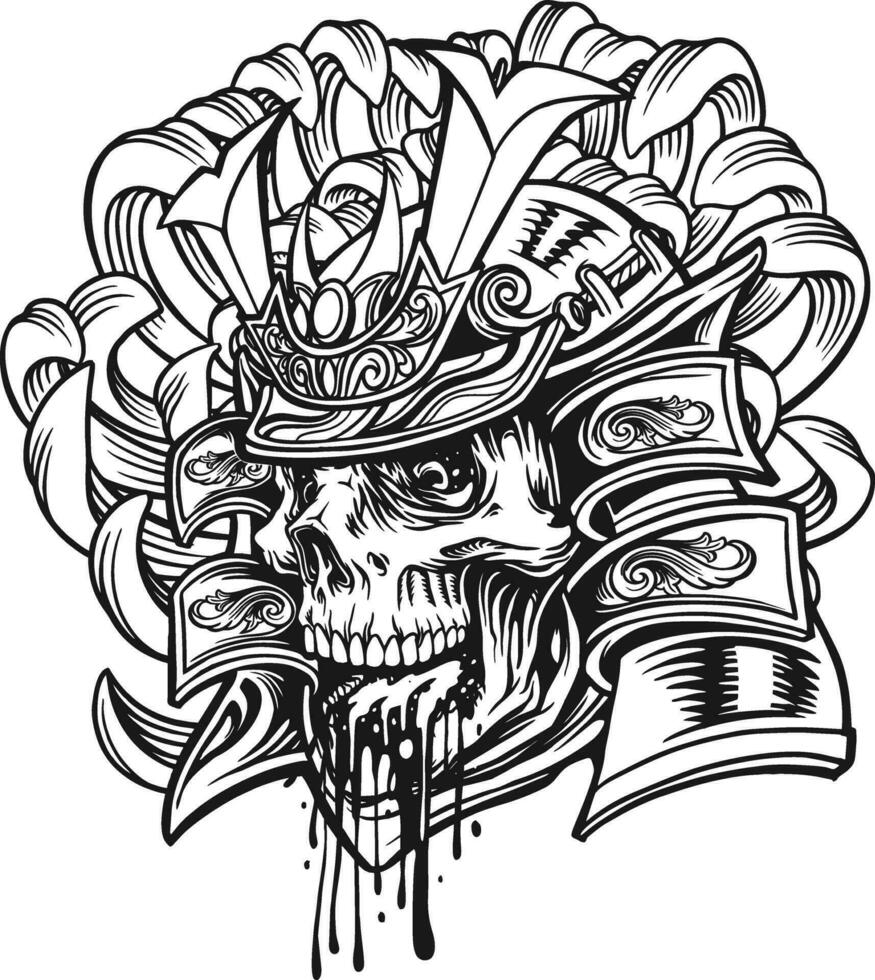 Monster skull samurai ornate warrior helmet outline vector illustrations for your work logo, merchandise t-shirt, stickers and label designs, poster, greeting cards advertising business company