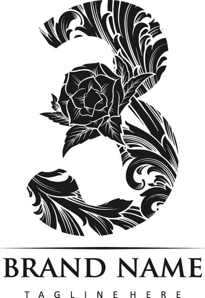 Number 3 monogram logo featuring classic flourish monochrome vector illustrations for your work logo, merchandise t-shirt, stickers and label designs, poster, greeting cards advertising business