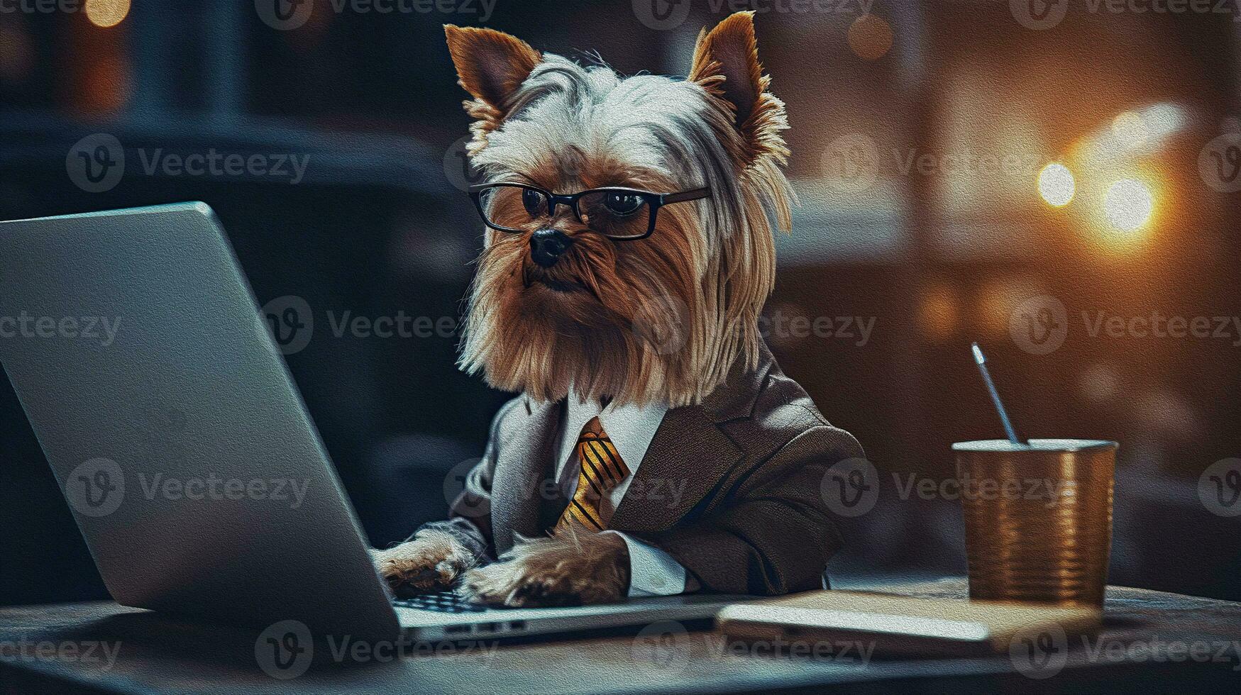 A dog in glasses and a business suit at a computer against the backdrop of his office. The concept of online learning, working from home. AI Generated photo