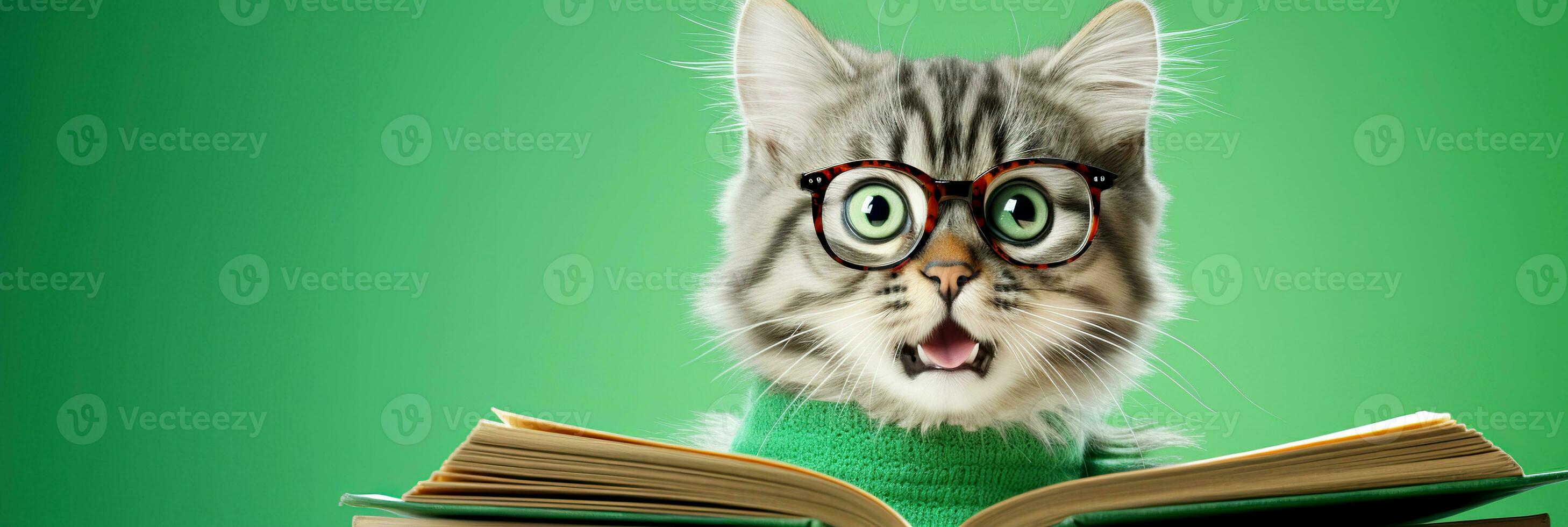 Surprised cat in glasses holding opened book on green background. Cute cat reads a book and wears glasses. AI Generated photo