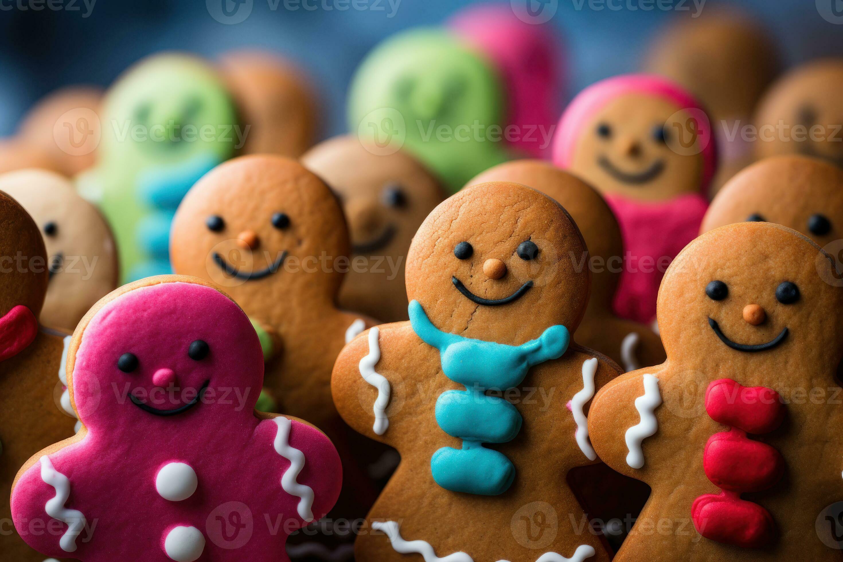 Small gingerbread cookies decorated to look like happy people in