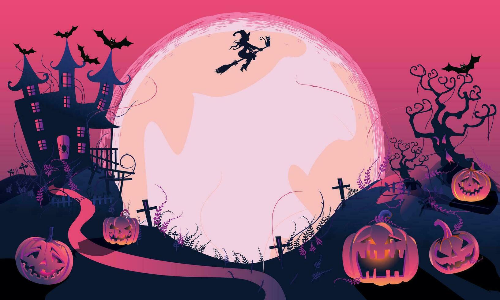 Halloween pumpkin patch in the moonlight. Happy Halloween Purple banner trick or treat with a full moon, bats, pumpkin Party invitation background with text. Vector