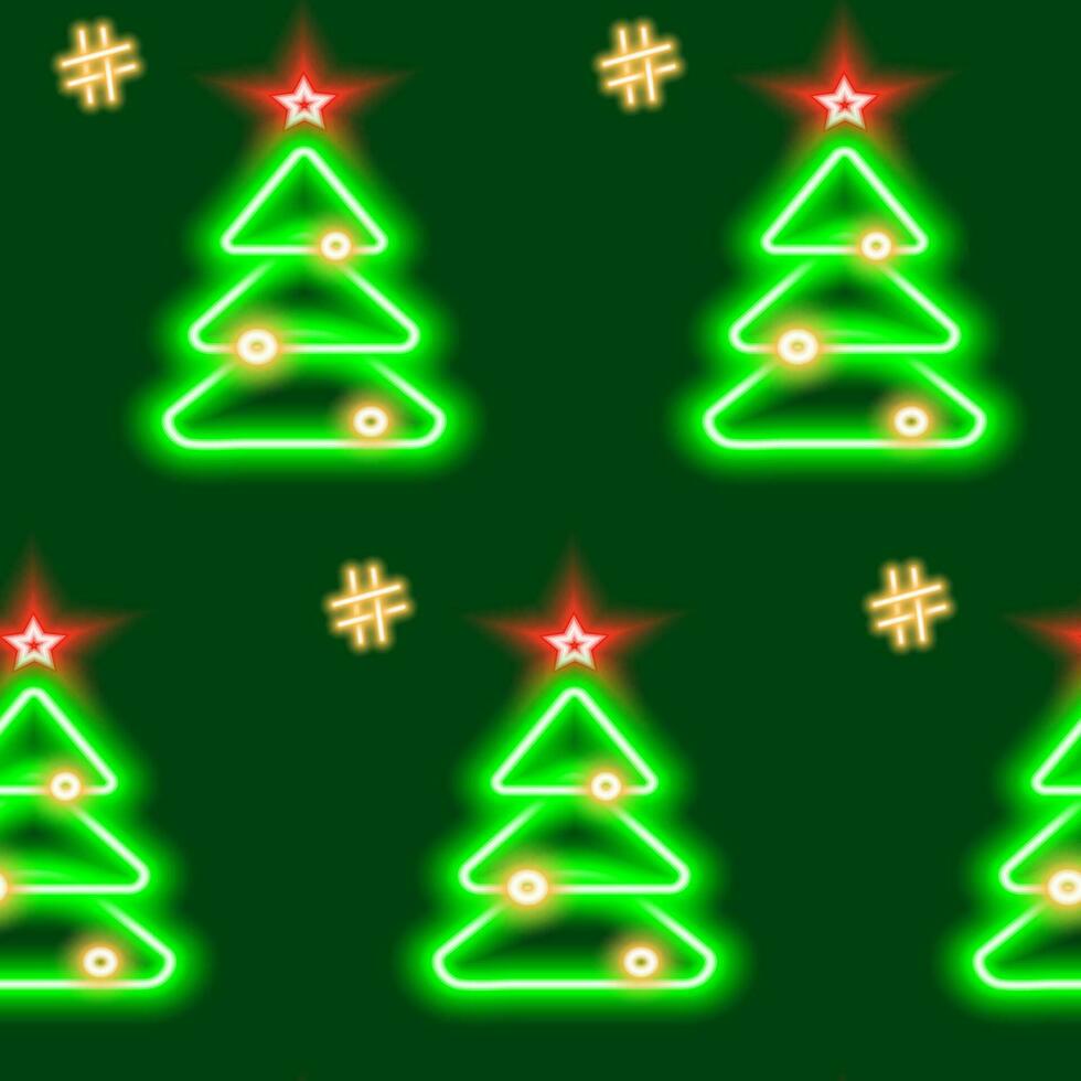 Seamless pattern of neon luminous Christmas tree with a star on the top, Christmas toys and hashtags vector