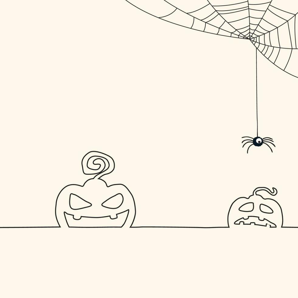 Funny pumpkins and spider with spider web doodle line childish style vector illustration. Happy Halloween greeting card template.