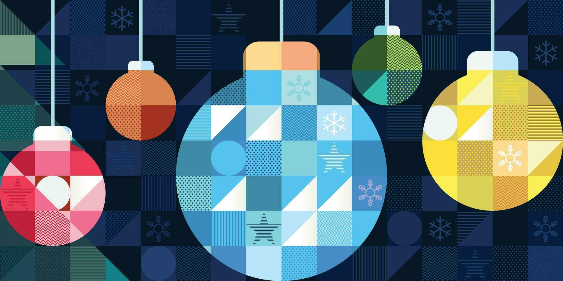 Colorful Christmas ball and geometric elements in blue mosaic background. Merry Christmas and Happy New Year greeting card vector illustration template.