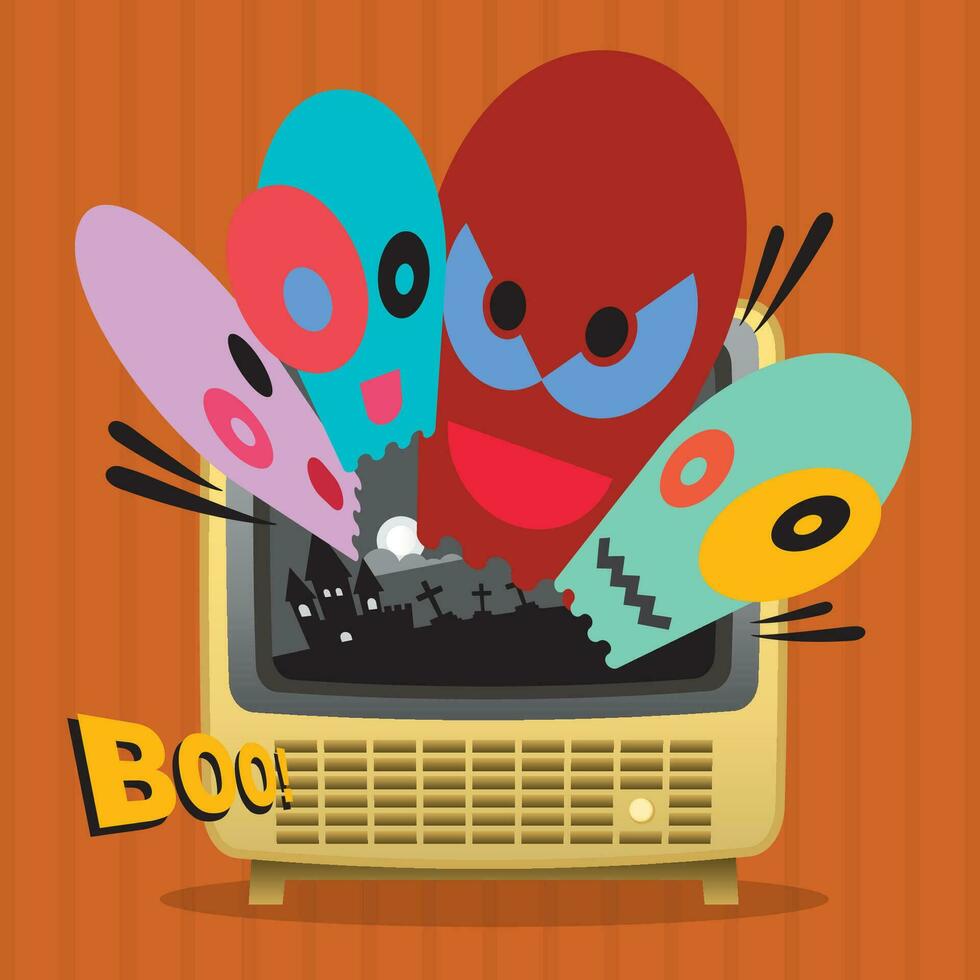 Funny ghosts brusting out of the mono television broadcasting flat design vector illustration. Happy Halloween greeting card template.