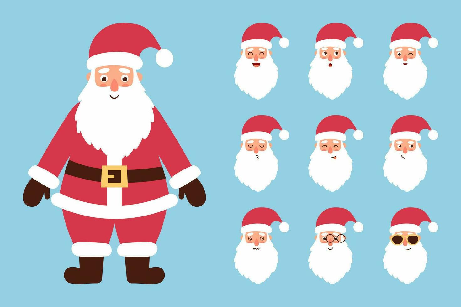 Christmas Santa Claus character, different head emotions. Cute Santa mascot character set. Cartoon vector illustration