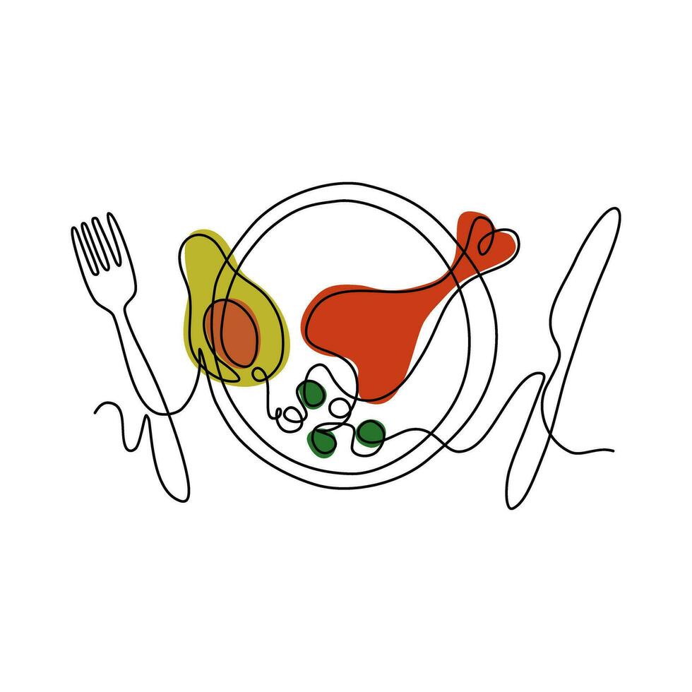 Simplified image of tasty meal. Dinner in line art style. Prepared chicken drumstick, avocado, peas on a plate. Outline vector illustration.