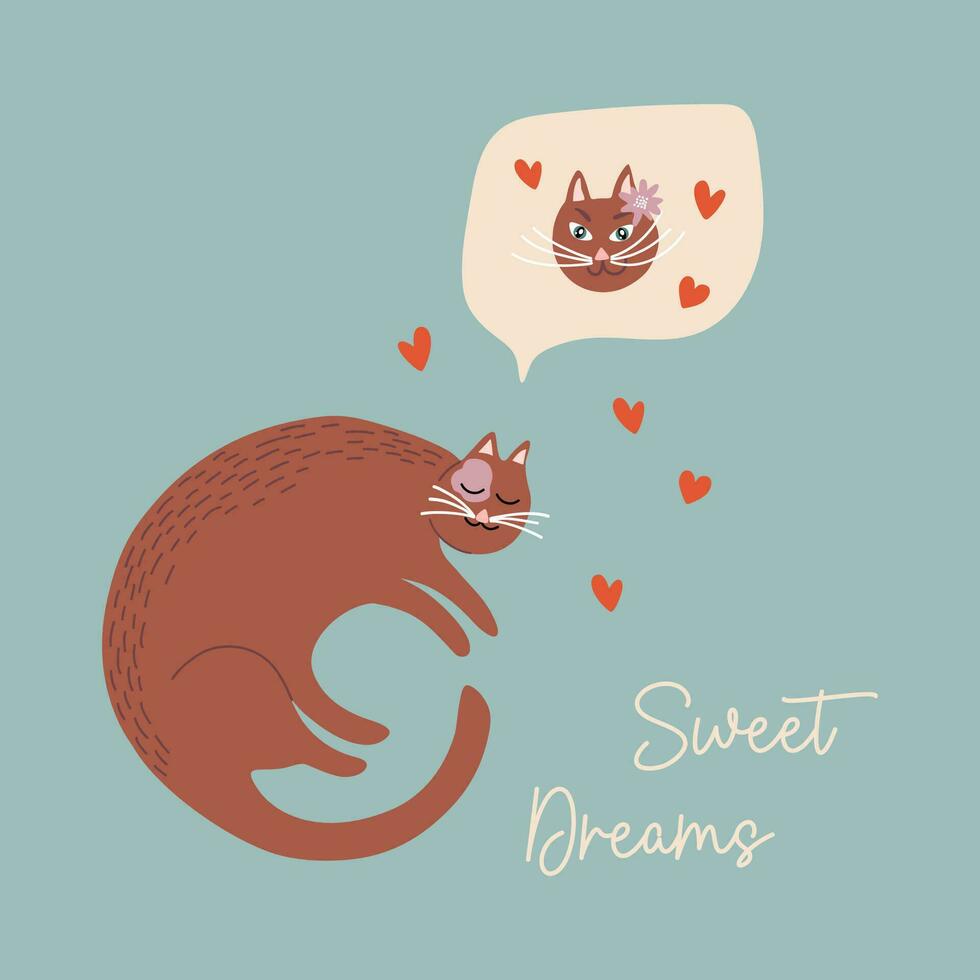 Vector illustration of sleeping cat character. Sweet dreams. Cute hand draw art for website, banner, poster, board, print and card.