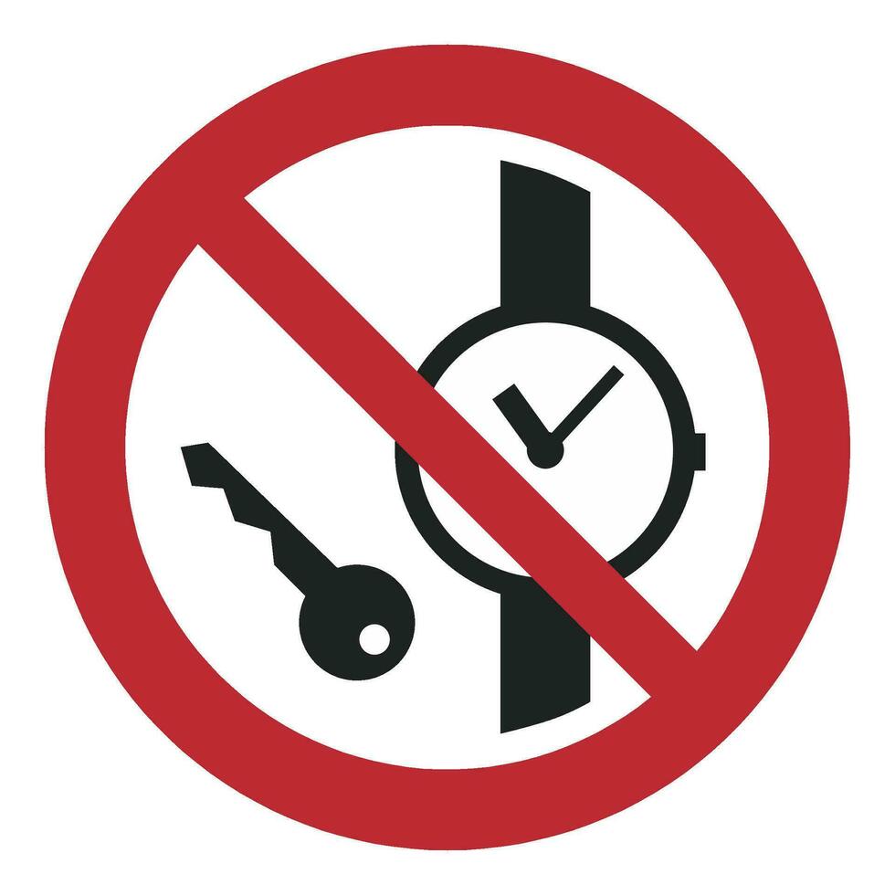 ISO 7010 Registered safety signs symbol pictogram Warnings Caution Danger Prohibition No metallic articles or watches vector