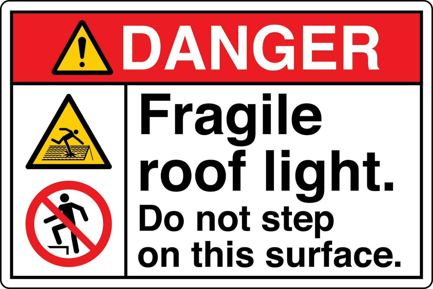 ANSI Z535 Safety Sign Marking Label Symbol Pictogram Standards Danger Fragile roof light do not step on this surface with text landscape multi icon white vector