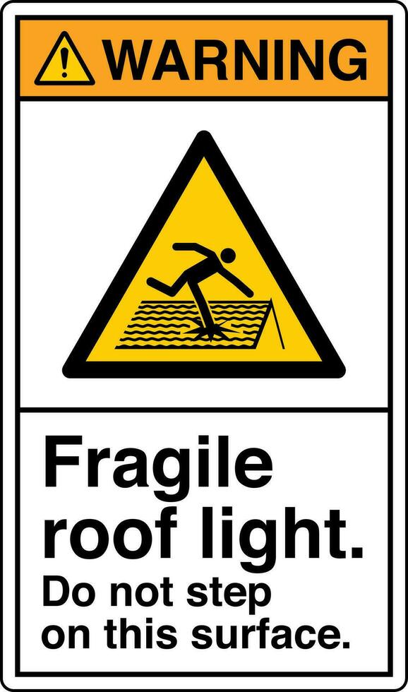 ANSI Z535 Safety Sign Marking Label Symbol Pictogram Standards Warning Fragile roof light do not step on this surface with text portrait white vector