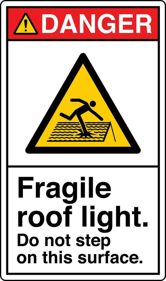 ANSI Z535 Safety Sign Marking Label Symbol Pictogram Standards Danger Fragile roof light do not step on this surface with text portrait white vector