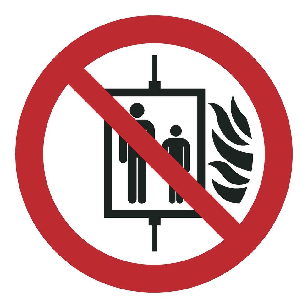 ISO 7010 Registered safety signs symbol pictogram Warnings Caution Danger Prohibition Do not use lift in the event of fire vector