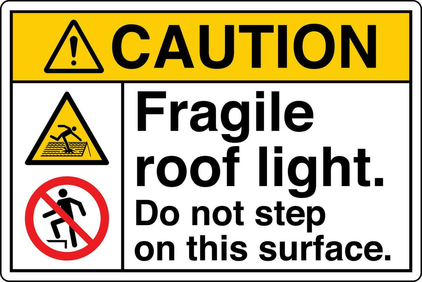 ANSI Z535 Safety Sign Marking Label Symbol Pictogram Standards Caution Fragile roof light do not step on this surface with text landscape multi icon white vector