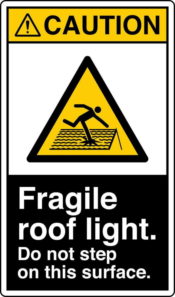 ANSI Z535 Safety Sign Marking Label Symbol Pictogram Standards Caution Fragile roof light do not step on this surface with text portrait black vector