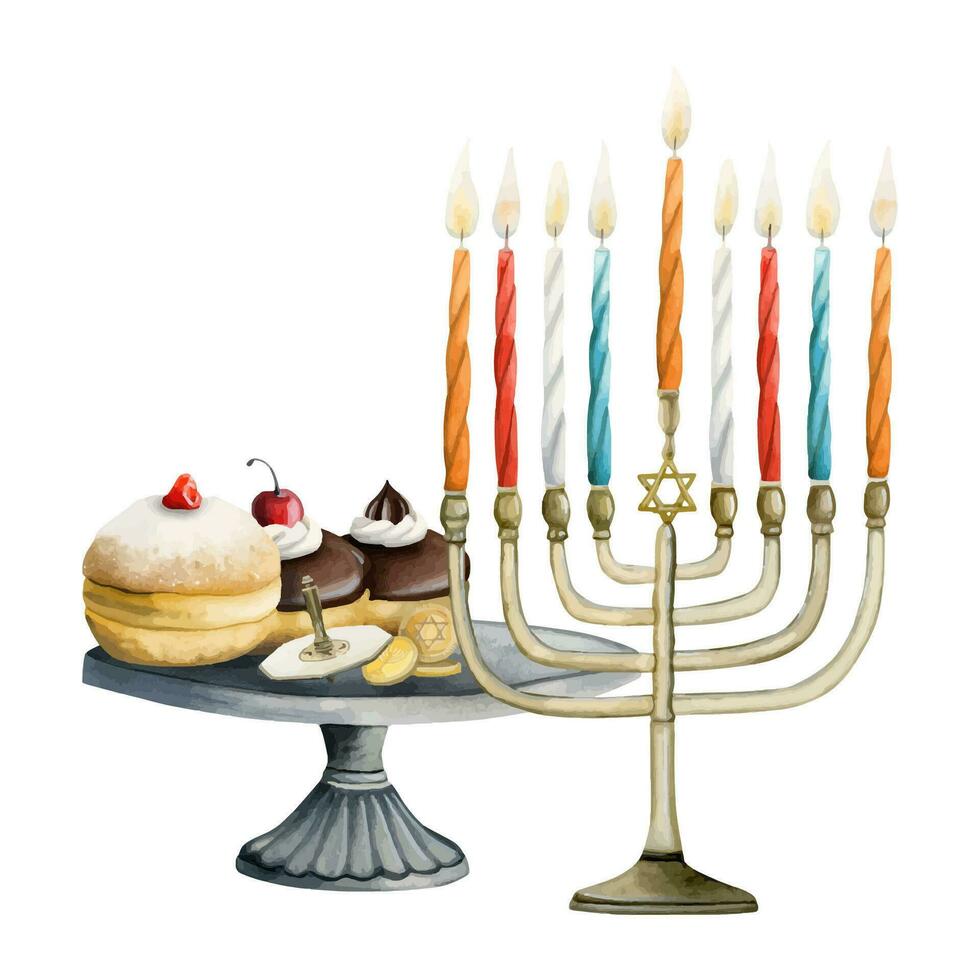 Jewish holiday Hanukkah symbols with menorah, candles, dreidel, traditional donuts vector watercolor illustration. Best for Hanukkah greeting card