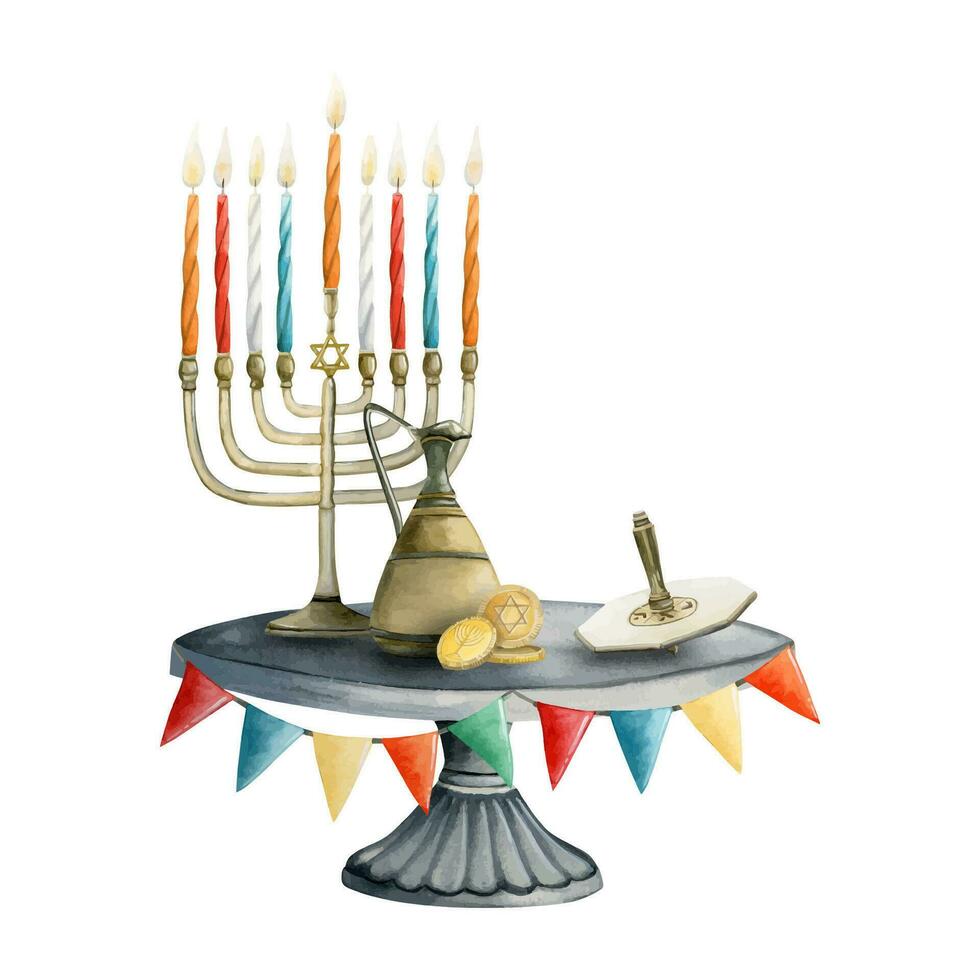 Traditional Hanukkah Jewish symbols and attributes of the holiday, menorah, dreidel, coins, olive oil jug with festive flags. Hand drawn vector illustration