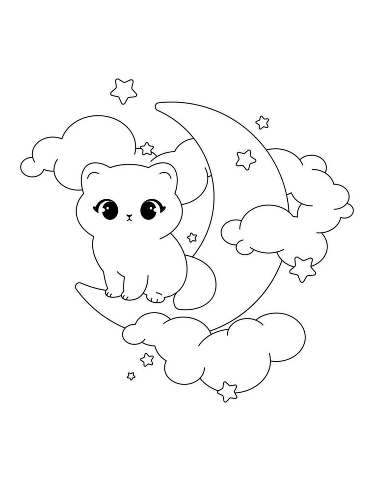 Outline Vector Kawaii Illustration of a Cute Magical Cat on the Moon for a Coloring Page