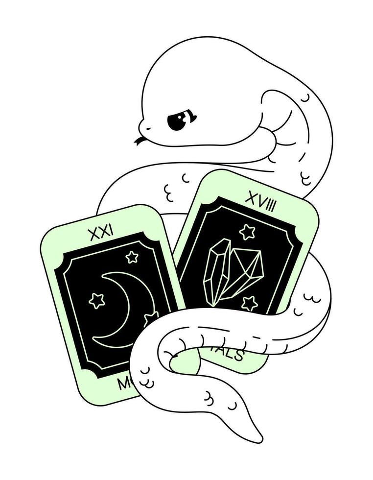 Outline Vector Kawaii Illustration of Cute Snake and Tarot Cards for Coloring