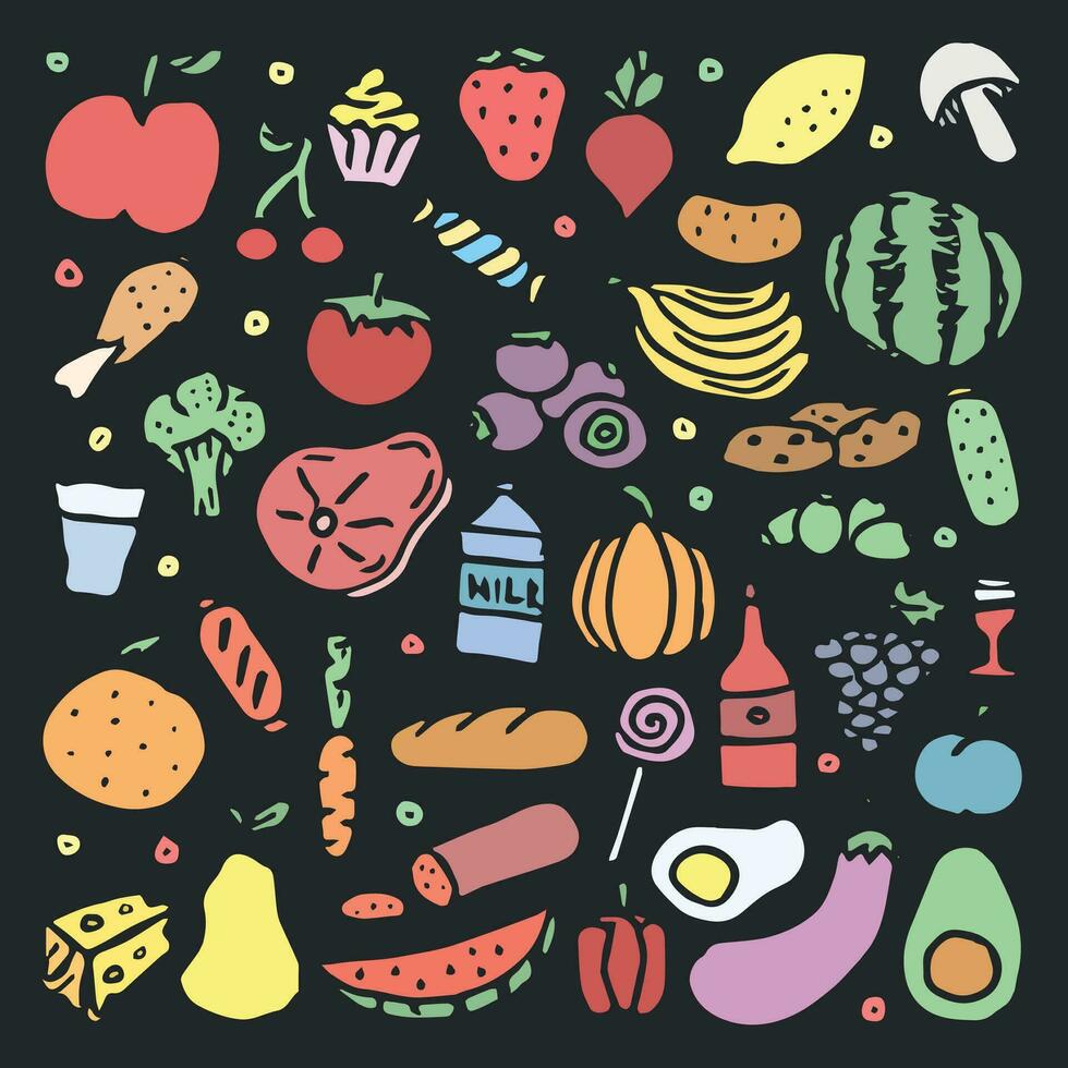 dibujado comida antecedentes. garabatear de colores comida íconos vector