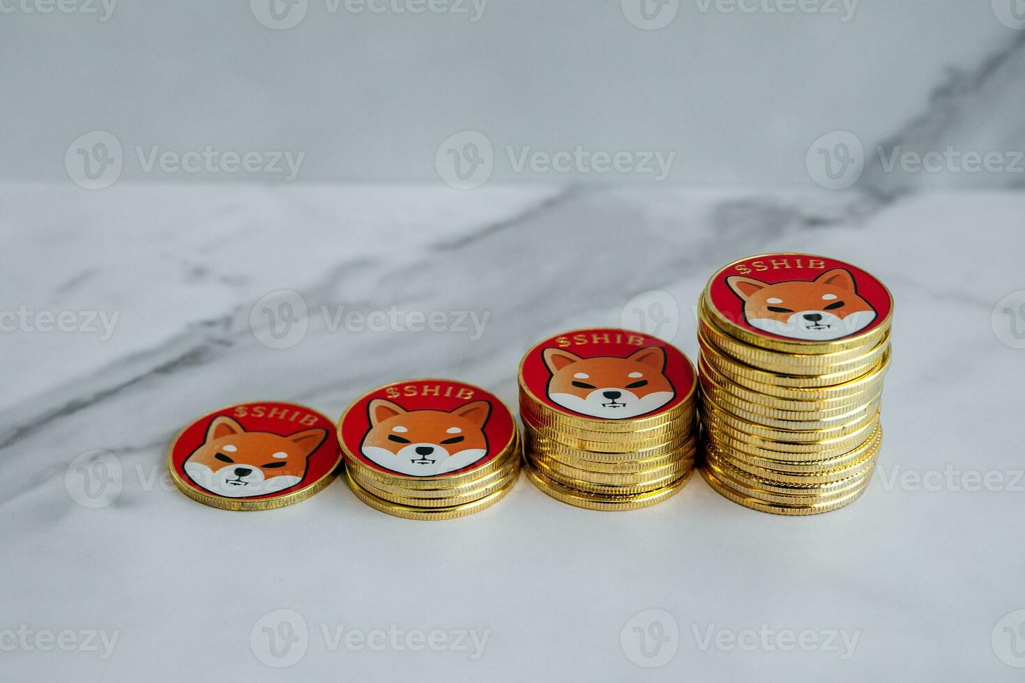 Shiba inu coins SHIB are sorted from small to large with a white marble background. photo