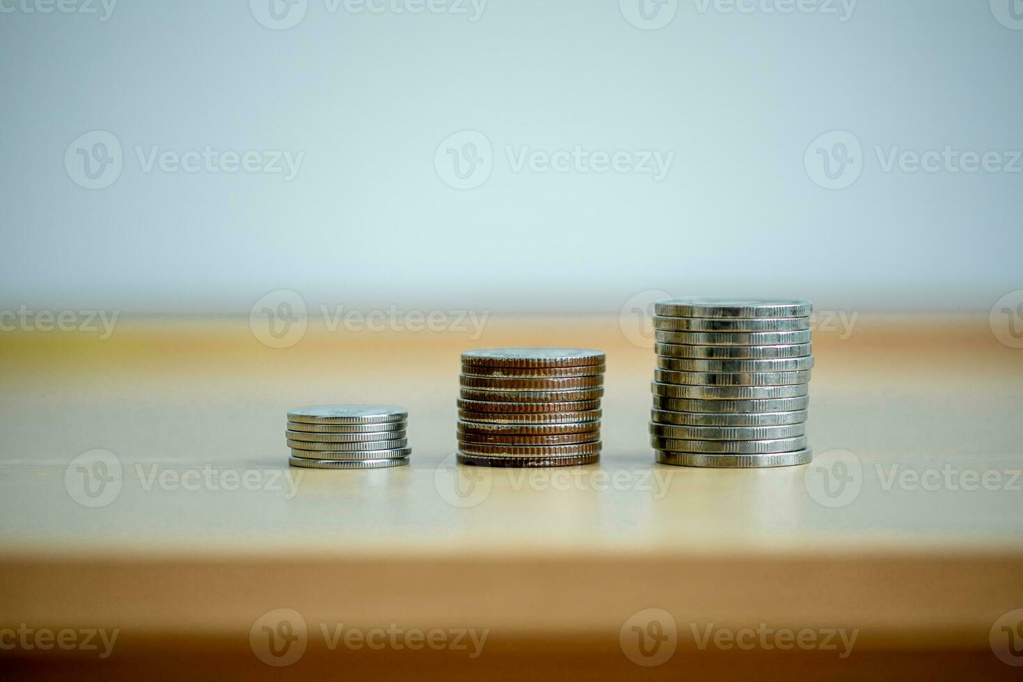 Thai baht coins are stacked and arranged in ascending order, Close up,Finance concept. photo