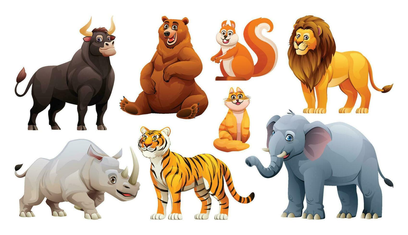 Set of animals vector cartoon illustration. Bull, bear, squirrel, lion, rhino, tiger, cat and elephant