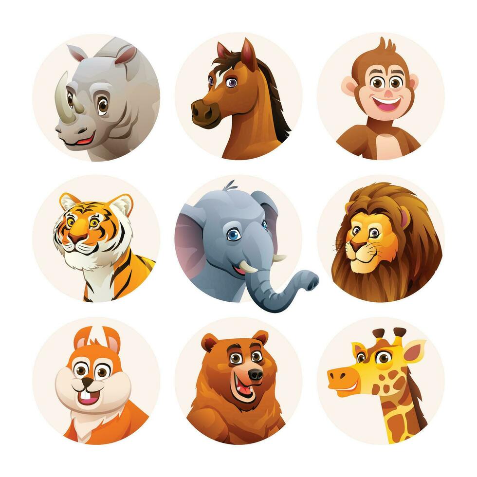 Animal avatar characters set. Cute animal faces in cartoon style vector