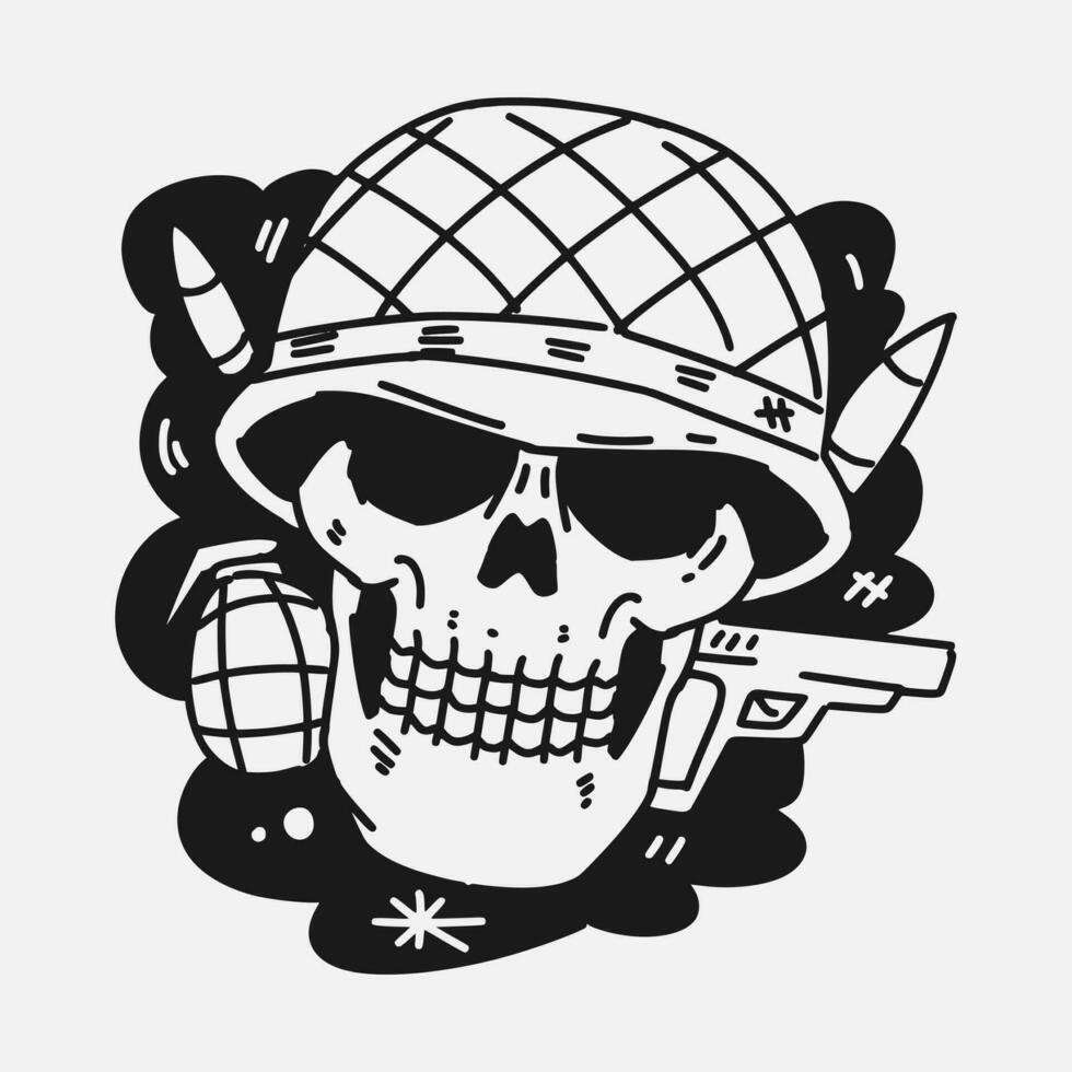 black and white hand drawn vector illustration of a skull wearing a soldier helmet, and elements of a grenade, gun and bullets.