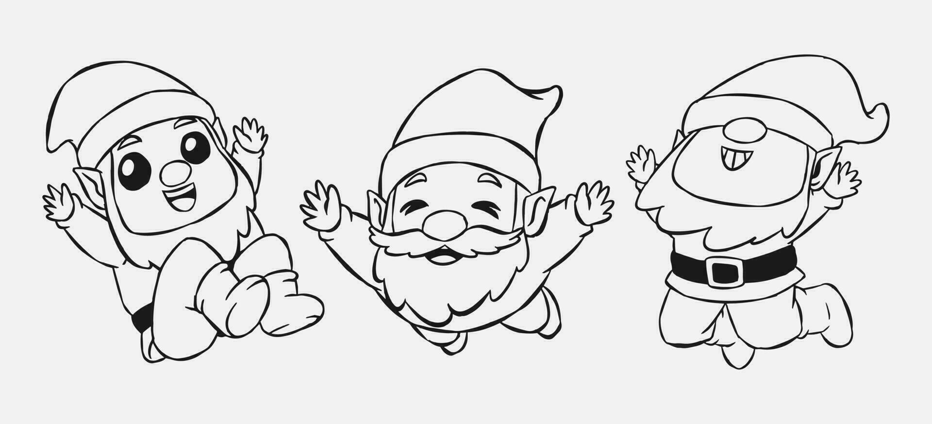 set of dwarf cartoon character with happy expression. little gnome in a jumping pose. line art style. vector illustration.