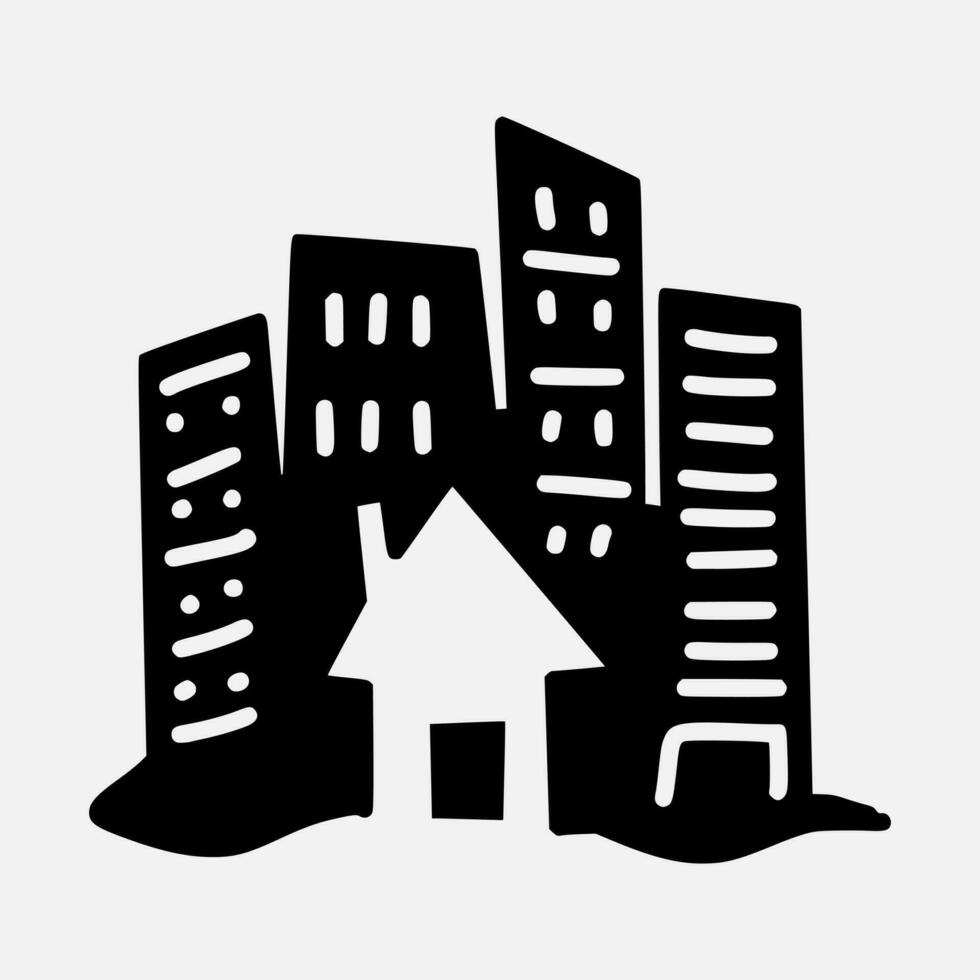 hand drawn vector illustration of black and white house and building.