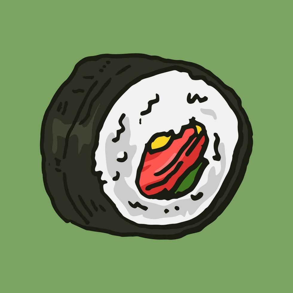 Sushi rodar en mano dibujado y de colores estilo. japonés alimento. vector ilustración.