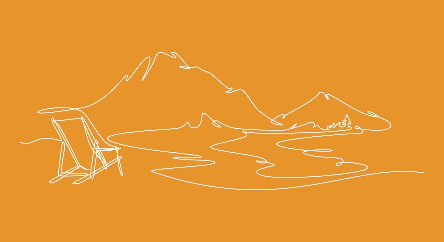 continuous one line drawing of beach landscape, mountain, and beach chair. editable stroke. vector illustration
