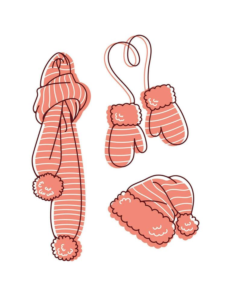 Winter vector illustration of winter accessories. Knitted hat, mittens and scarf with striped ponpon.