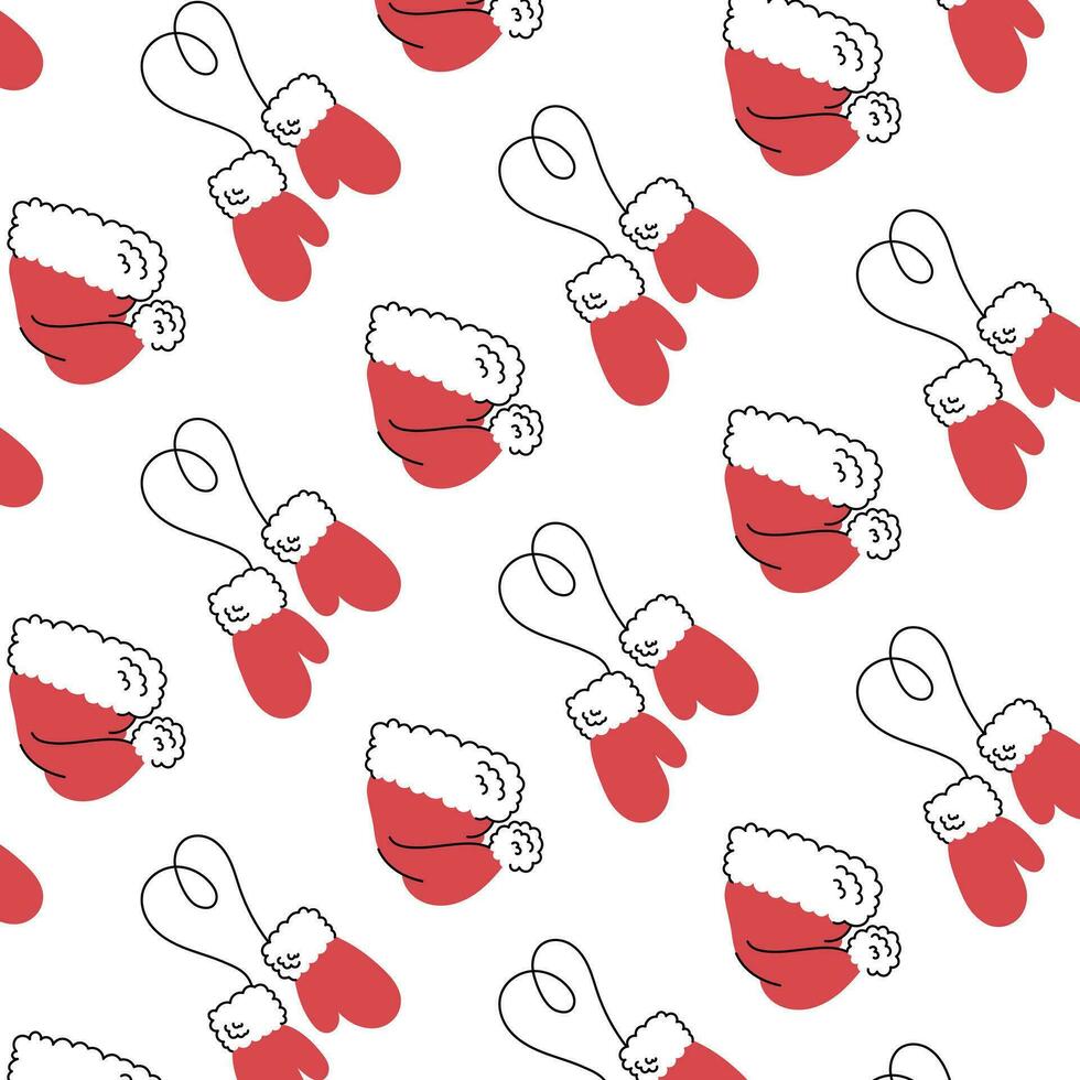 New Year Christmas vector pattern. Santa Claus hat and mittens. Winter accessories. Wrapping paper, fabric print.