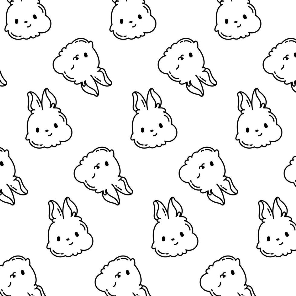 Black and white vector pattern, background with cute animals in kawaii style. The face of a bunny for decorating children's things, clothes, wrapping paper.