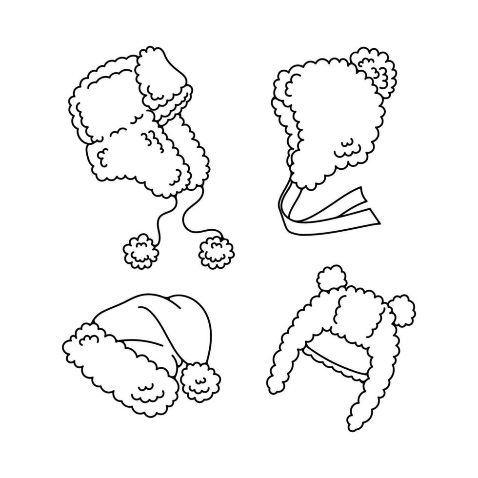 Black and white sketch of different types of winter hats. Ushanka hat, hat with ponpon, Santa Claus hat. Children's accessories set. vector