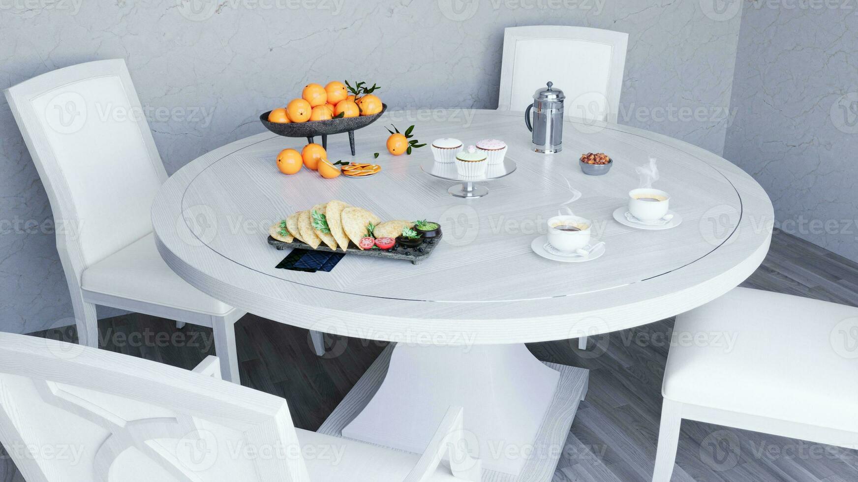 view of a room where are four chairs and a white table with food photo