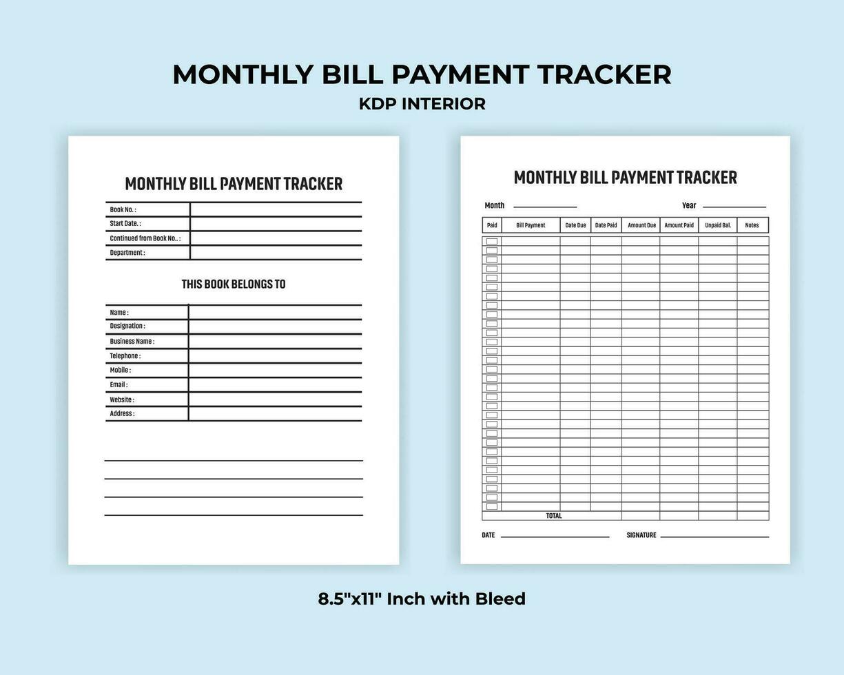 Monthly Bill Payment Tracker Log book KDP Interior vector