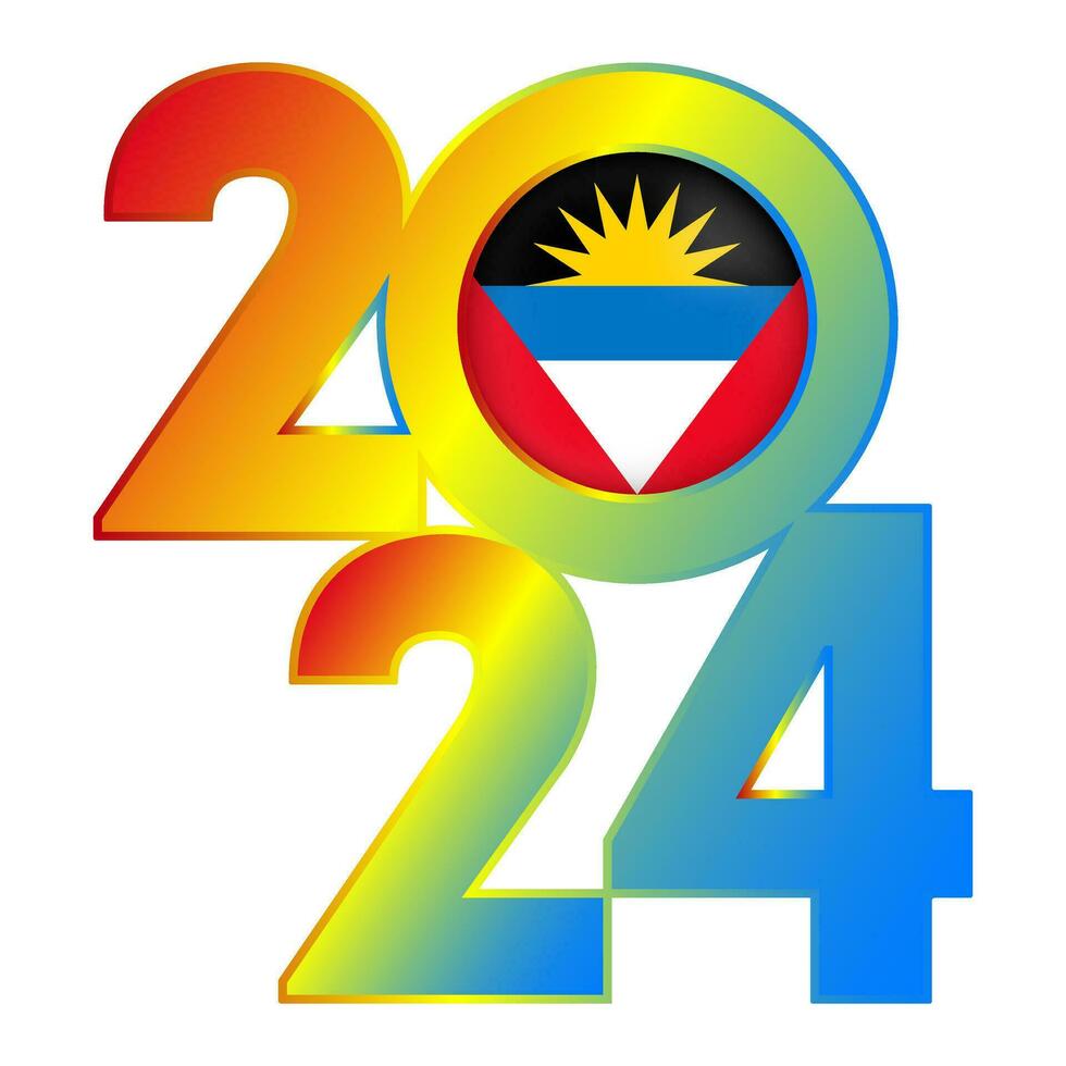Happy New Year 2024 banner with Antigua and Barbuda flag inside. Vector illustration.