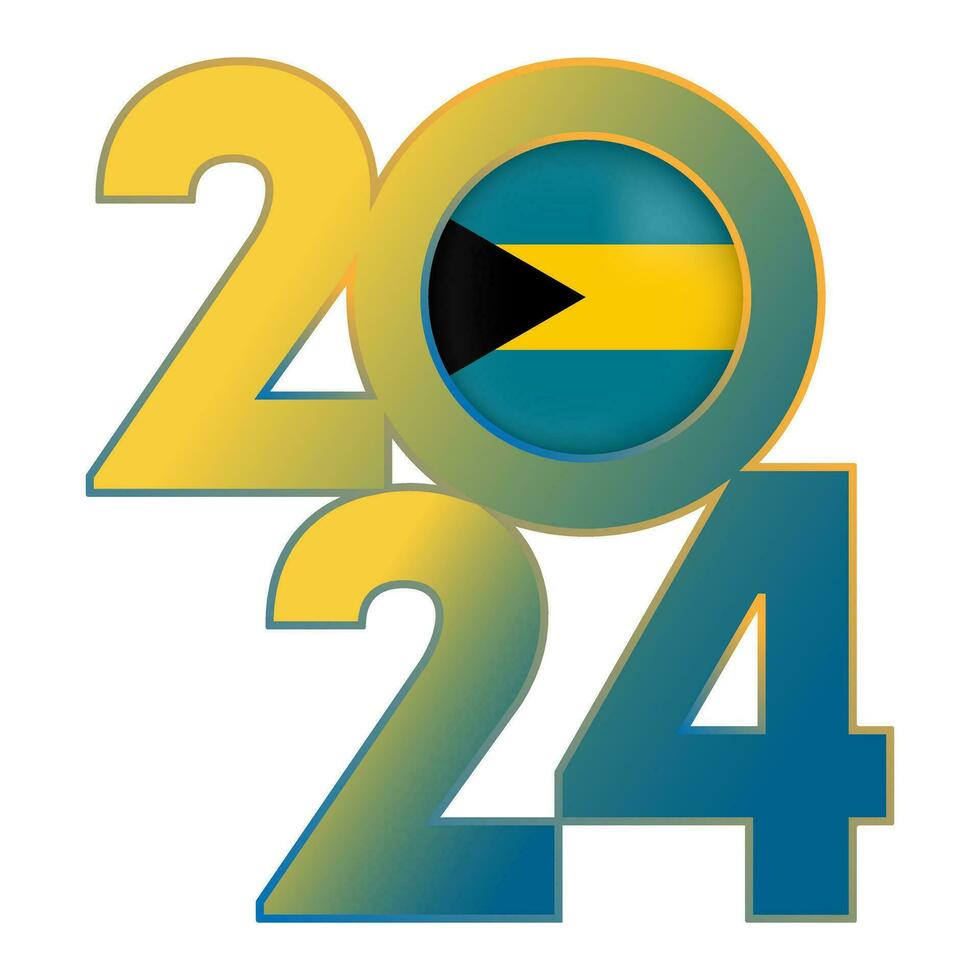 Happy New Year 2024 banner with Bahamas flag inside. Vector illustration.