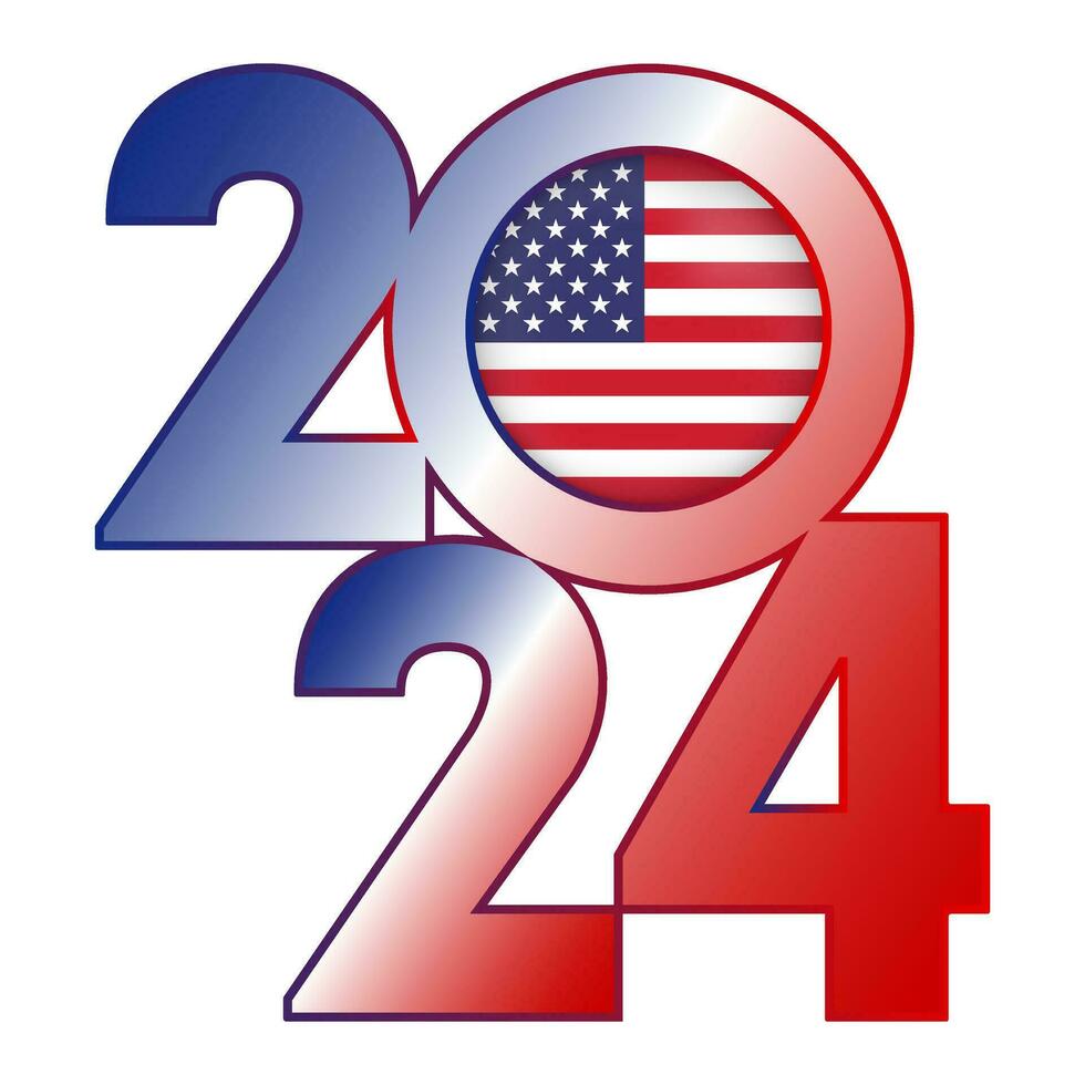 Happy New Year 2024 banner with USA flag inside. Vector illustration.