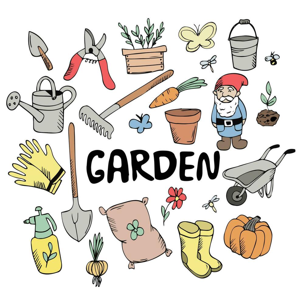 Garden village line cartoon set. Rubber boots, rake and gloves, shovel secateurs. Garden cart, hat watering can, hose. Hand drawn Isolated vector illustration