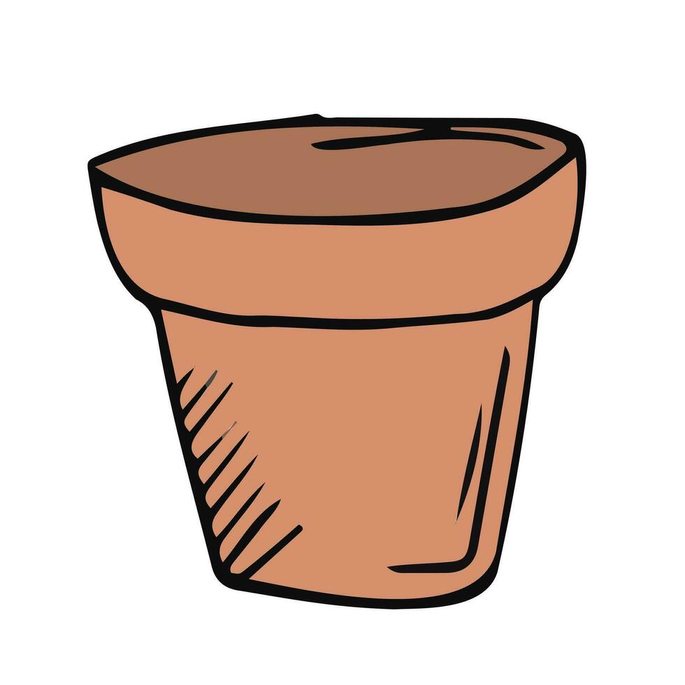 Empty clay flower pot in a simple flat graphic outline style. color illustration of hand-drawn ceramic container for growing plants, image of garden tool. Isolated vector object for decor