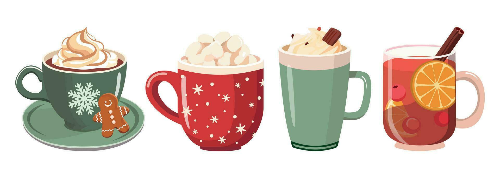 Happy Christmas hot drinks collection. Winter Holiday mugs with coffee, chocolate, and cream. Vector illustration