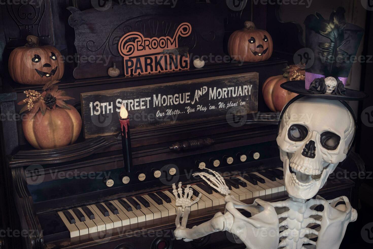 Skeleton Playing Antique Organ with Pumkins and Floating Candle photo