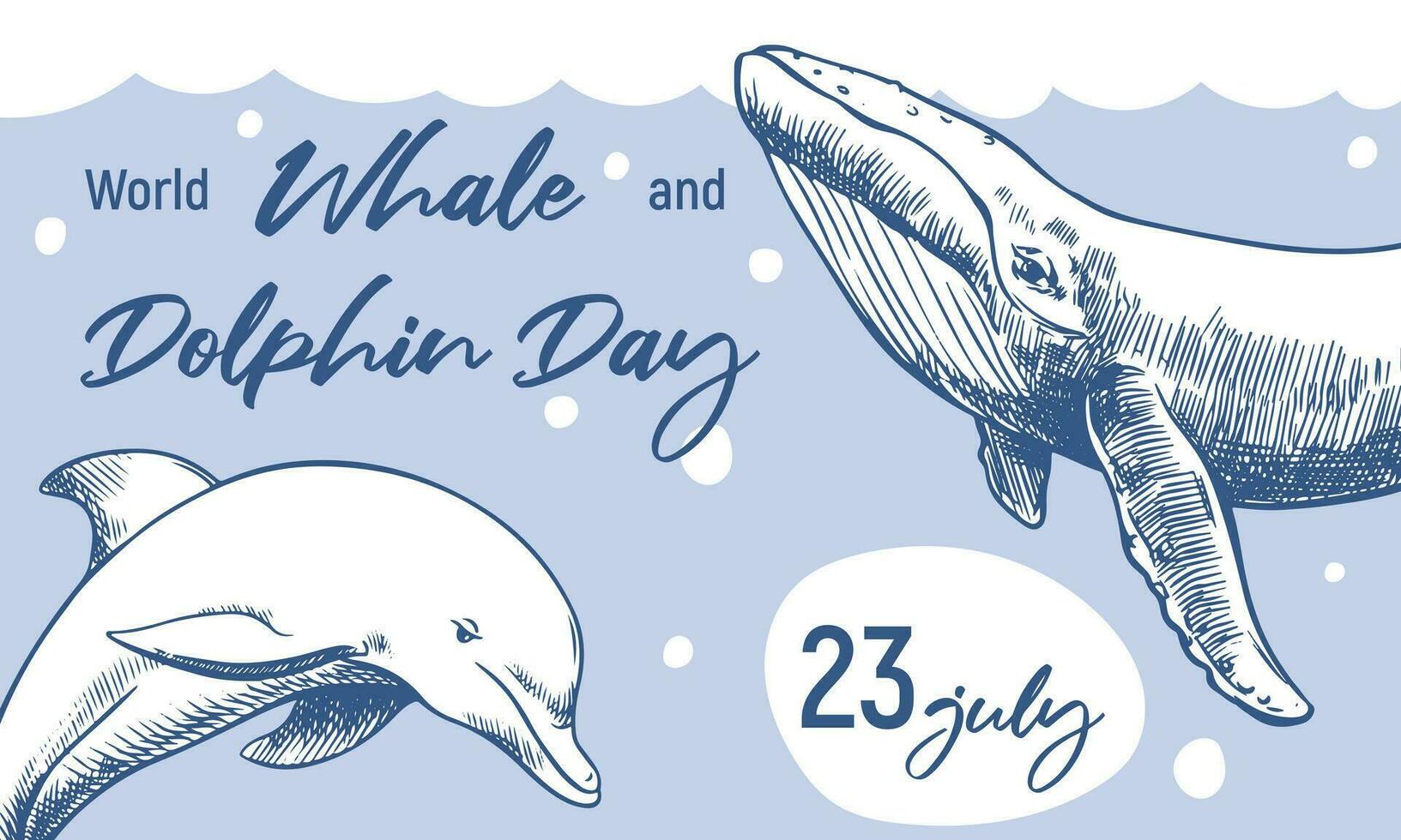 World Whale and Dolphin Day July 23rd. Vector horizontal poster. Whales are drawn by hand, engraving technique, line art. Sea animals swim in the ocean Environmental protection concept. Ocean day.